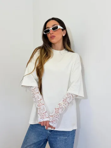 חולצה שילוב תחרה לבן