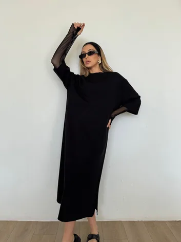 שמלה משולבת שיפון שחור